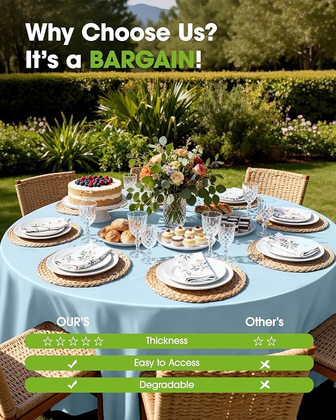 Pureegg Plastic Table Cloth Disposable 8 Pack, 84'' Round Table Cloths, Easter Party, Picnic, Wedding, Decorative Tablecloths, Round, Baby Blue Plastic Cover, Leakproof & Sturdy, Light Blue