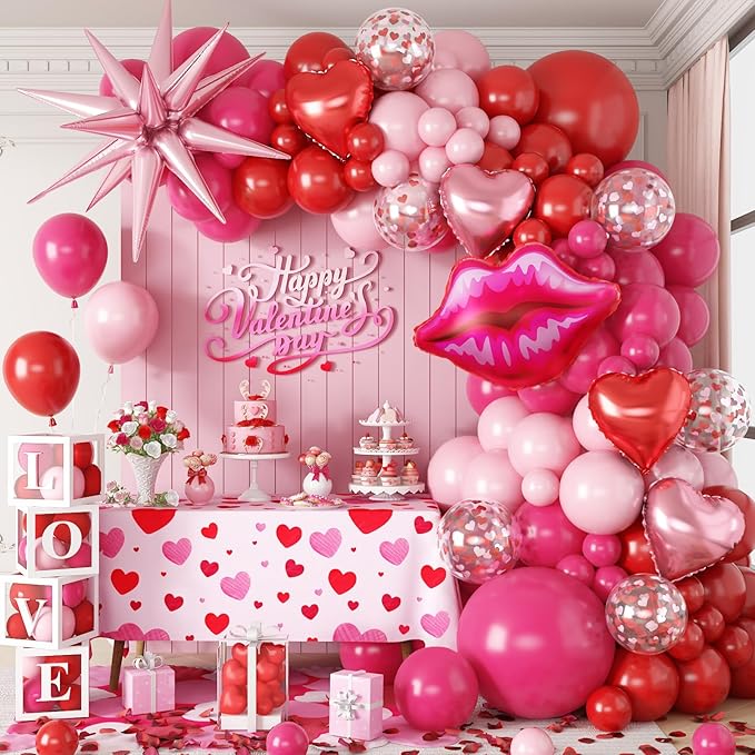 Pink and Red Valentines Balloons Garland Arch Kit, Valentine Red Heart Balloons Lips Balloon for Women Girls Galentines Day Anniversary Birthday Bridal Shower Romantic Valentine Day Decorations