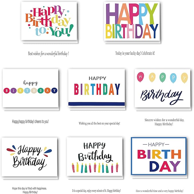 100 Birthday Cards, Happy Birthday Cards Bulk with Short Message Inside, 5x7 Inch Thick Card Stock Assorted Birthday Cards with Envelopes,10 Unique Designs for Men and Women.
