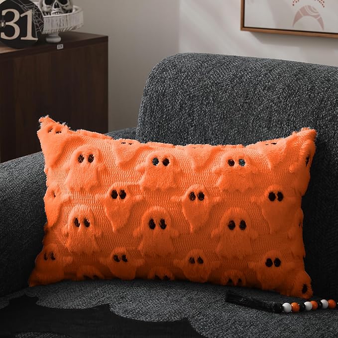 DFXSZ Halloween Pillow Covers 12x20 inch Set of 2 Orange Ghost Throw Pillow Cases Soft Plush Faux Fur Wool Couch Cushion Case for Chair Sofa Bedroom Living Room Home Decor PTK03C12
