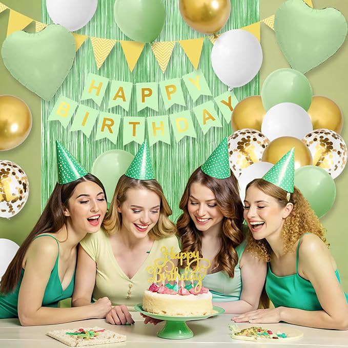 Sage Green Birthday Decorations - Party Decorations with Green, Gold, White Balloon Heart Foil Balloons, Olive Happy Birthday Banner Fringe Curtain for Women, Girls, Boys, Men, Adults