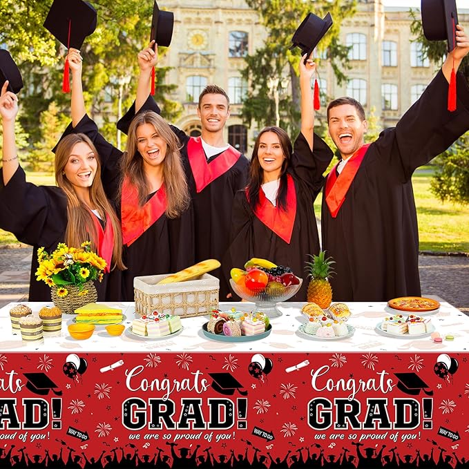12 Pack Graduation Tablecloth Party Decorations, Class of 2026 Congrats Grad Plastic Tablecover Party Supplies, Red Rectangle Graduation Table Decorations for College High School Party, 54 x 108 Inch