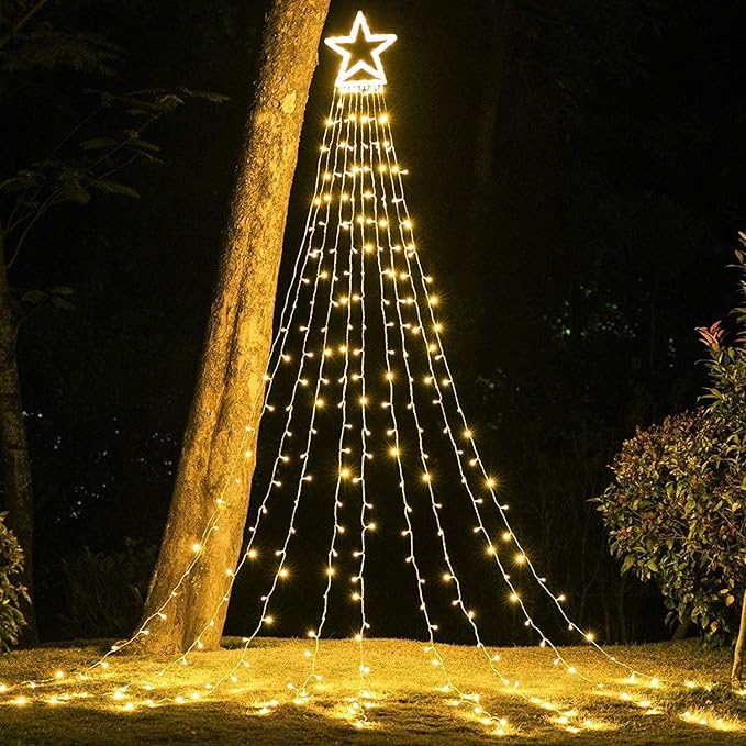 Christmas Decoration Lights, Outdoor Christmas String Lights 320 LED 11.5 Ft Waterfall Tree Light with Big Star Topper 8 Light Modes for Xmas New Year Holiday Garden Yard Indoor Outdoor Decor