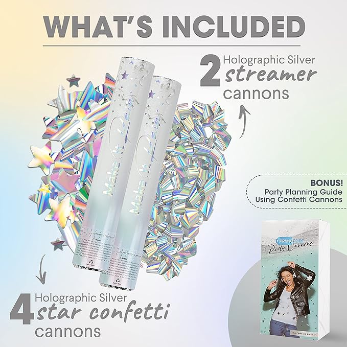 PrimePure Confetti Cannon Party Poppers - Holographic Silver Stars Confetti Popper - 6 Pack - Party Cannon Silver Glitter Star Pop Gun for Birthday, Wedding, Graduation, Celebration, Pranks