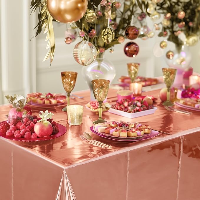 2pcs Rose Gold Foil Tablecloth 54*72inch Plastic Weddng Birthday Party Table Cloths Disposable Waterproof Table Cover for Elegant Event Anniversary Baby Shower Graduation Party Supplies