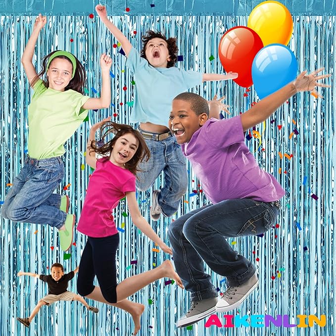 4 Pack 3.3Ft x 6.6Ft Light Blue Foil Fringe Curtain Backdrop, Metallic Tinsel Foil Fringe Streamers Curtains Background for Photo Booth, Birthday, Wedding, Halloween, Christmas Party Decoration