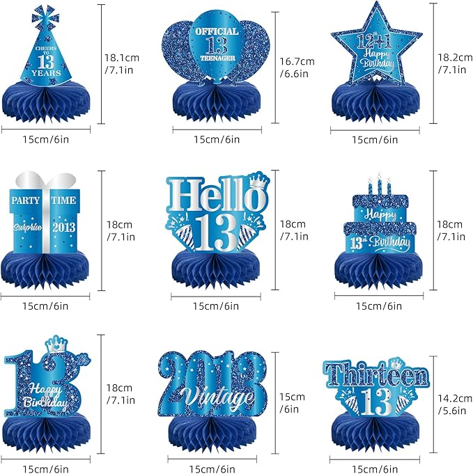 9Pcs 13th Birthday Decorations Blue Silver 13th Birthday Party Decorations for Teens Boys Girls,Happy 13 Years Birthday Honeycomb Centerpieces Table Sign Decor Supplies