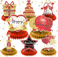 8Pcs Happy Wedding Anniversary Decorations Red Gold Anniversary Table Honeycomb Centerpiece Anniversary Table Toppers Party Supplies for Adult 10th 20th 30th 40th 50th 60th Anniversary Table Decor