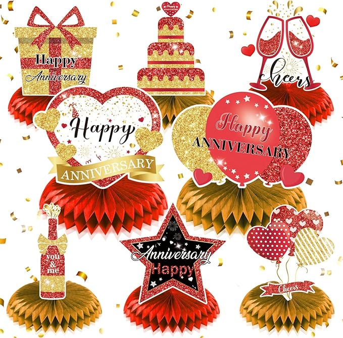 8Pcs Happy Wedding Anniversary Decorations Red Gold Anniversary Table Honeycomb Centerpiece Anniversary Table Toppers Party Supplies for Adult 10th 20th 30th 40th 50th 60th Anniversary Table Decor