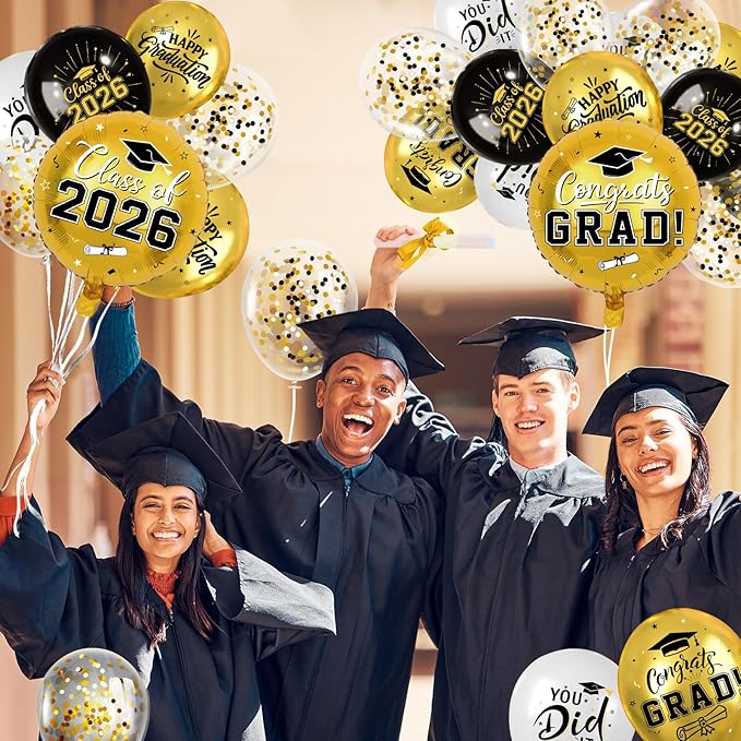 Black and Gold Graduation Balloons Graduation Decorations 2026, 51Pcs Grad Latex Balloons and Grad Foil Balloon with Confetti Ribbons Grad Party Decorations for College High School