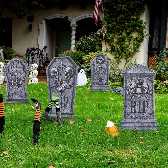 4 Pcs 16.2" Halloween Tombstones Decoration with 2 Green Fairy Lights(3 Modes) & 4 Blue Lights(3 Modes), Plastic RIP Grave Yard Signs with 8 Stakes for Grave, Outdoor Garden, Party Decor