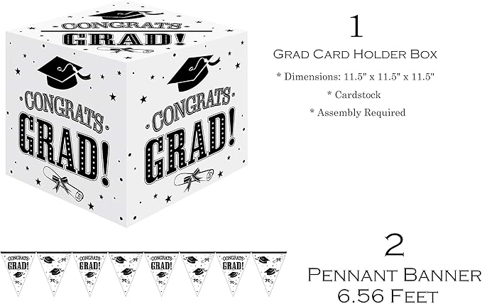 Oojami Graduation Party Supplies 2025 – Complete Set for 30 Guests with Plates, Cups, Napkins, Table Covers, Balloons, Photo Props, Banners & Card Box – Disposable Black & White Decor Kit