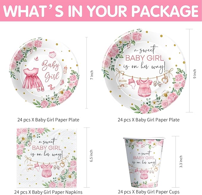 Pink Baby Girl Baby Shower Decorations, Floral Sweet Baby Girl Party Supplies, Plate, Napkin, Cup, Tablecloth, Banner, Swirls, Cutlery, Girl Gender Reveal Table Decorations, Serves 24