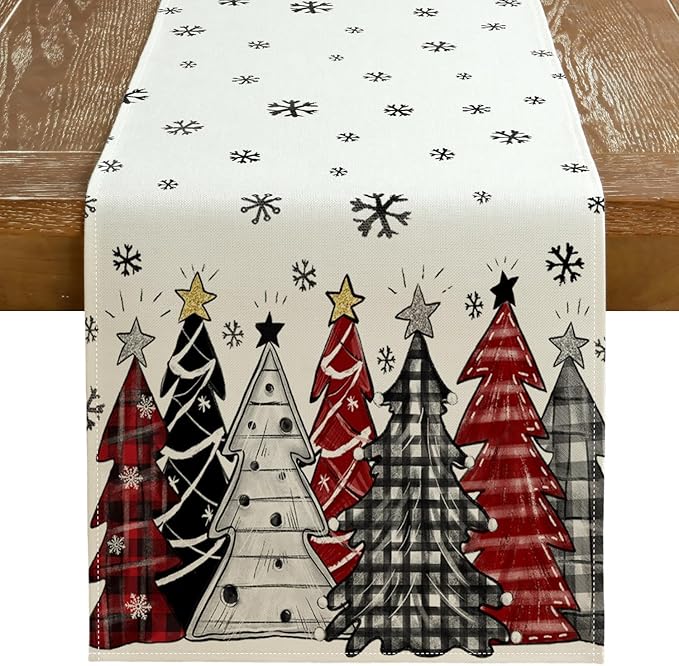 GEEORY Christmas Table Runner 13x72 Inch, Xmas Tees Snowflakes Holiday Decorative Farmhouse Table Decoration for Kitchen Dinning, Indoor Outdoor Dinner Party Decor ((Red & Black) GT165-72
