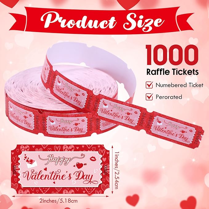 Cholemy 1000 Pcs Valentine Raffle Tickets Roll Romantic Red Heart Carnival Raffle Ticket Numbered Door Drinks Surprise Reveal Gift for Happy Valentine‘s Day Wedding Anniversary Party Favors Supplies