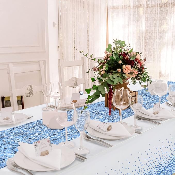 Irenare Tablecloth and Sequin Table Runner Set Polka Dots Confetti Table Cover Dining Plastic Tablecloths Glitter Decorations for Birthday Wedding Anniversary Party Supplies(White, Blue,2 Pcs)