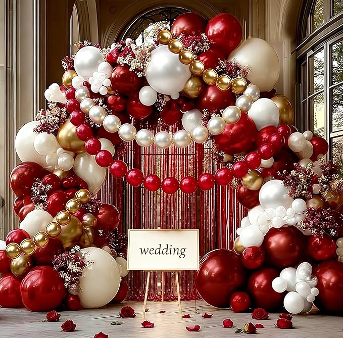Red White Gold Balloon Arch Double Stuffed Burgundy Pearl White Sand Gold Balloon Garland Kit Red Linking Balloons Fringe Curtain for Bridal Shower Wedding Birthday Mother's Day Engagement Party Decor