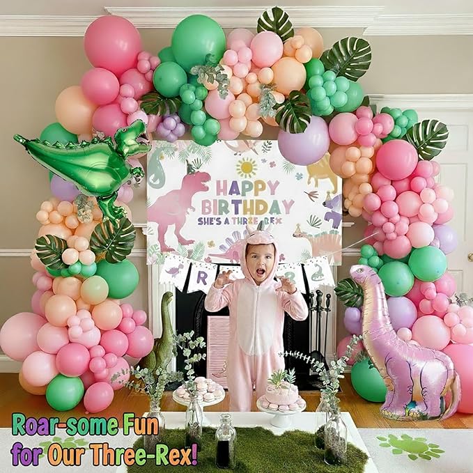 Dinosaur Balloon Garland Arch Kit Pastel Pink green and purple with Number 3 mylar balloon & Banner & backdrop for Girl Dino Baby Shower Dinosaur 3rd Birthday Three Dino Rex Party decorations