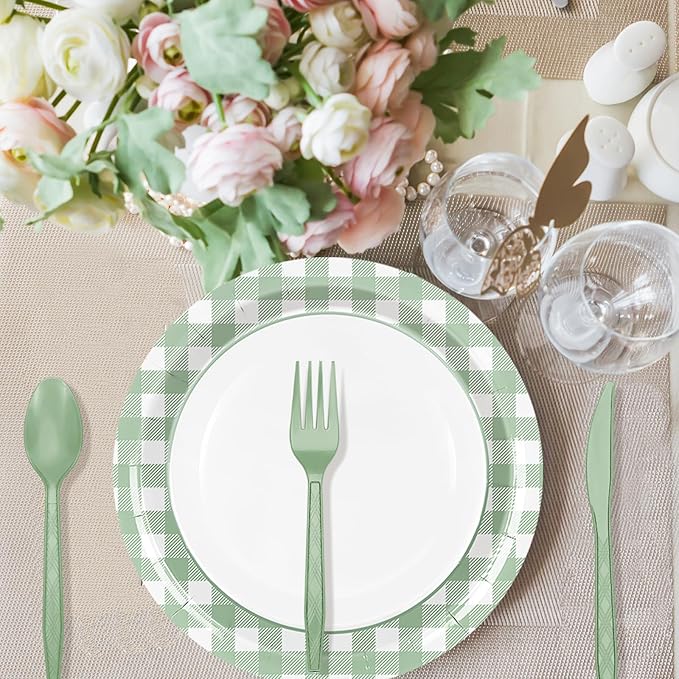 175Pcs Sage Green Gingham Party Supplies Kit Buffalo Plaid Tableware Set Disposable Dinnerware Paper Napkin Plate Cup Spoon Fork Knife for 25 Guest Party Favor