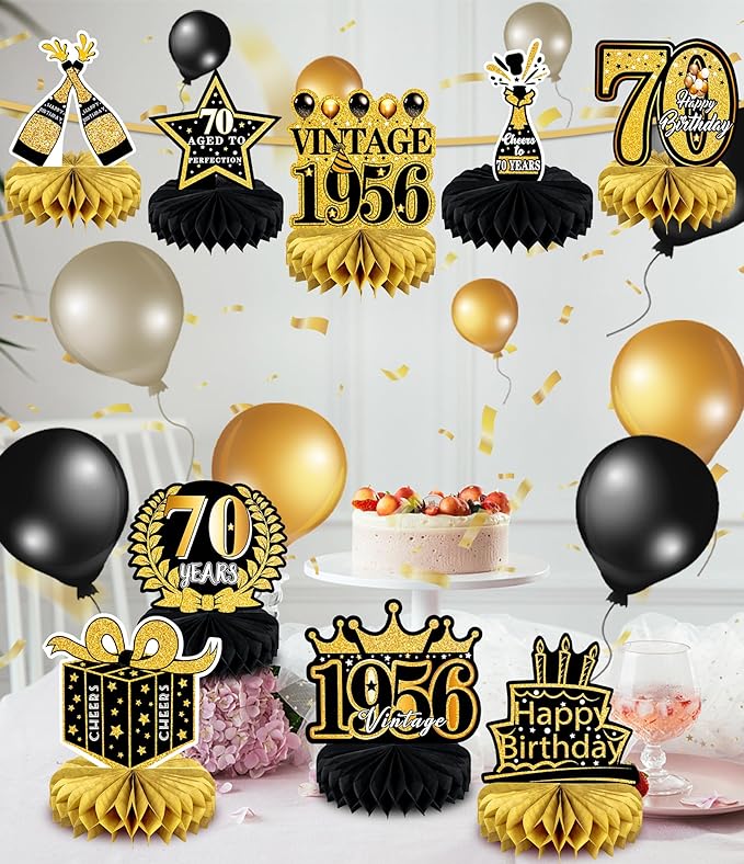 9 Pcs 70th Birthday Decoration for Men Women Happy 70th Birthday Honeycomb Centerpieces 70th Birthday Table Decorations Black and Gold Cheers to 70 Years Decor Birthday Party Favors