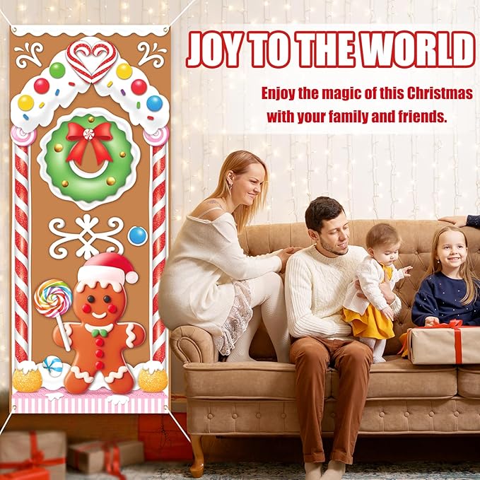 Christmas Gingerbread House Door Cover Decorations - Gingerbread Door Banner for Candyland Party Backdrop Decor Indoor Outdoor, 72×30 Inches