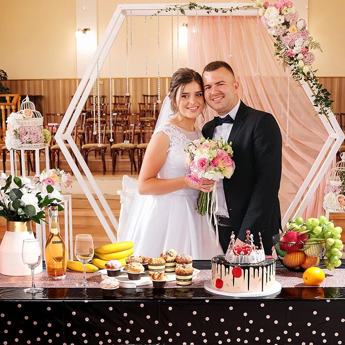Irenare Tablecloth and Sequin Table Runner Set Polka Dots Confetti Table Cover Dining Plastic Tablecloths Glitter Decorations for Birthday Wedding Anniversary Party Supplies(Black, Rose Gold,2 Pcs)