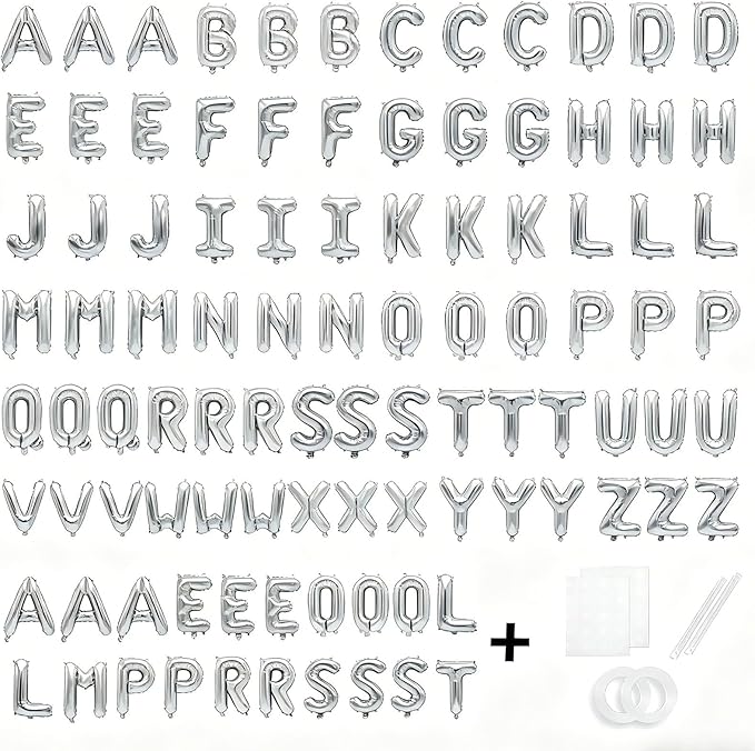 98 Pcs Silver Letter Balloons, Custom 3 Set A-Z Set for Personalizing Names & Phrases Party Supplies Banners - with 1 Set AEOLMPRST 20Pcs for Wedding/Birthdays/Annivs/Grads Party Banner Custom Phrase