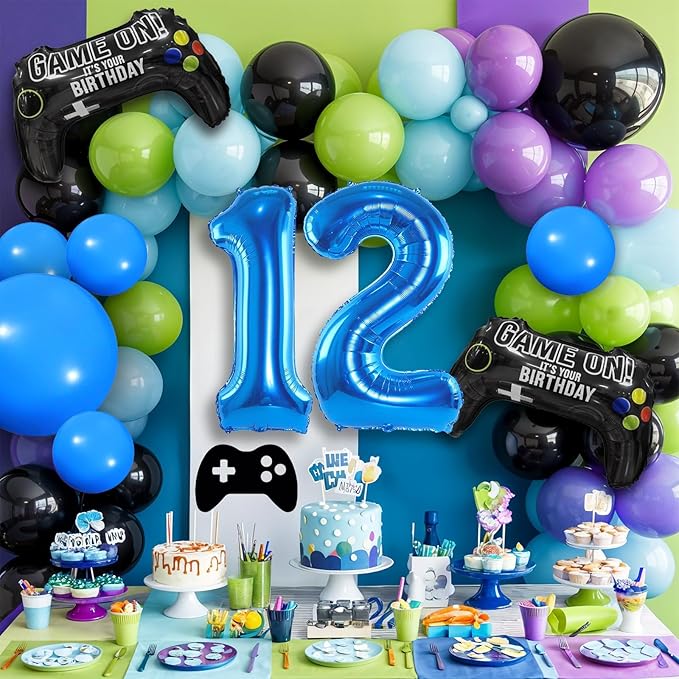 12th Birthday Video Game Balloons Arch, 12th Game Party Balloons Garland Kit 12th Birthday Supplies with Blue Number 12 Foil Balloons for 12 Year Old Teens Boys Birthday Decor