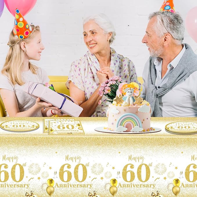 41 PCS Gold Birthday Decorations 60th Party Tableware 1964 60th Theme Birthday Party Table Decoration Supplies Cheers to 60 Years Paper Plate Napkin Tablecloth for Men Women 60th Birthday Anniversary