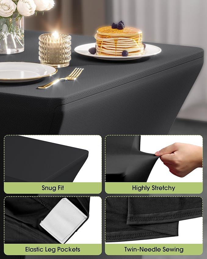 Pureegg Spandex Tablecloth 4ft - 6 Pack, Fitted and Stretch Table Cover for Rectangle Tables, Wrinkle-Resistant and Secure Fabric for Outdoor, Picnic, Party, Wedding, Banquet and Birthday, Black