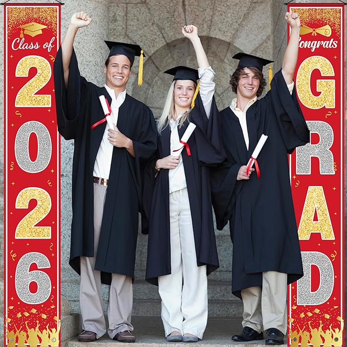 OHOME Graduation Decorations 2026 - Red Gold Congrats Grad Porch Banner for Graduation Party Decorations - Class of 2026 - Party Favors Supplies Backdrop Yard Signs Decor (Red)