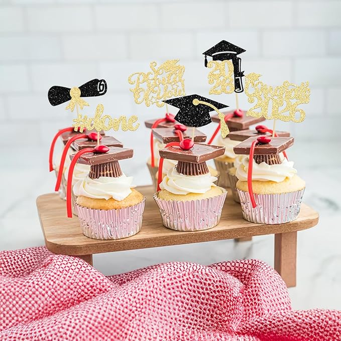 Gyufise 24Pcs Graduation Cupcake Toppers 2026 Gold Glitter Class of 2026 Cupcake Toppers Supplies So Proud of You Grad Cap Diploma Cupcake Picks for Graduation Party Decorations 2026