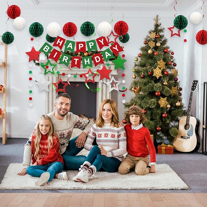 Red Green and White Birthday Decorations,Happy Birthday Banner with Honeycomb-Style Decorative Balls,Feet Circle Dot Garland,Stars Swirls Streamers,Happy Birthday Decorations for Women Men Girls Boys