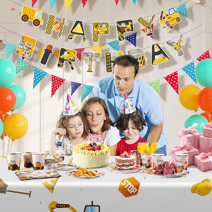 Construction Birthday Decorations, 170 Pcs Construction Birthday Party Supplies Including Banner, Plates, Cups, Napkins, Cutlery and Tablecloths, Serves 24