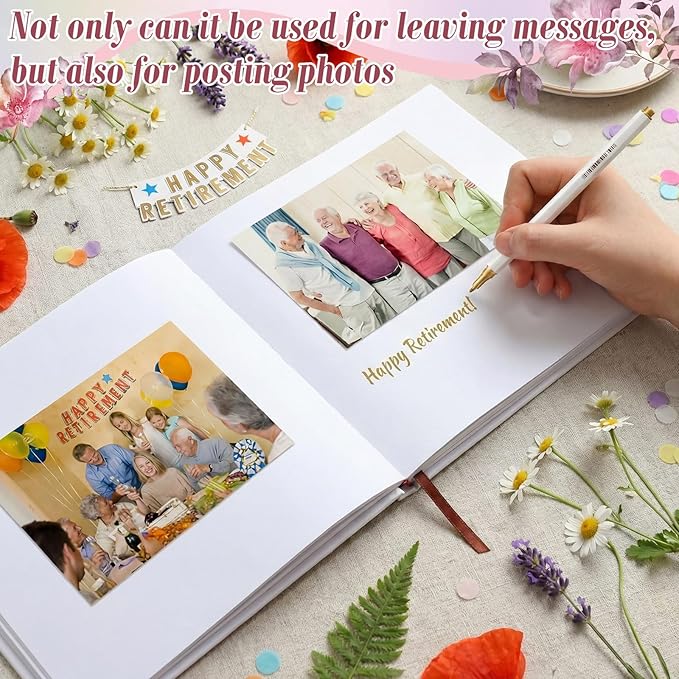 2026 Retirement Guest Book with 2 Markers 8.7'' Square Hardcover Blank Guest Photo Signing Memory Book Happy Retirement Gift Party Supplies for Women Men Teacher Grad Decor(White,Flowers)