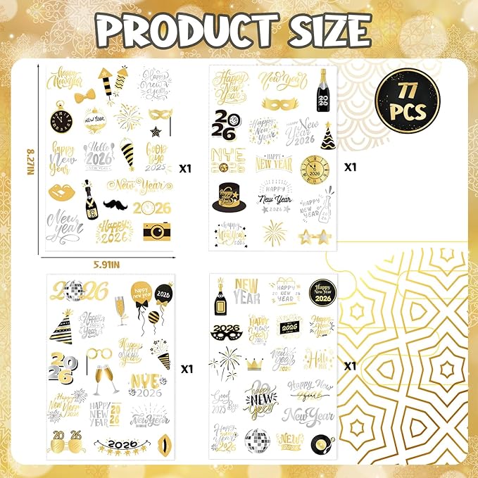 XZENTIRA 4 Sheets 2026 New Year Temporary Tattoos, Black Gold Silver Designs, NYE Party Supplies, New Year's Eve Favors, Happy New Year 2026 Decorations