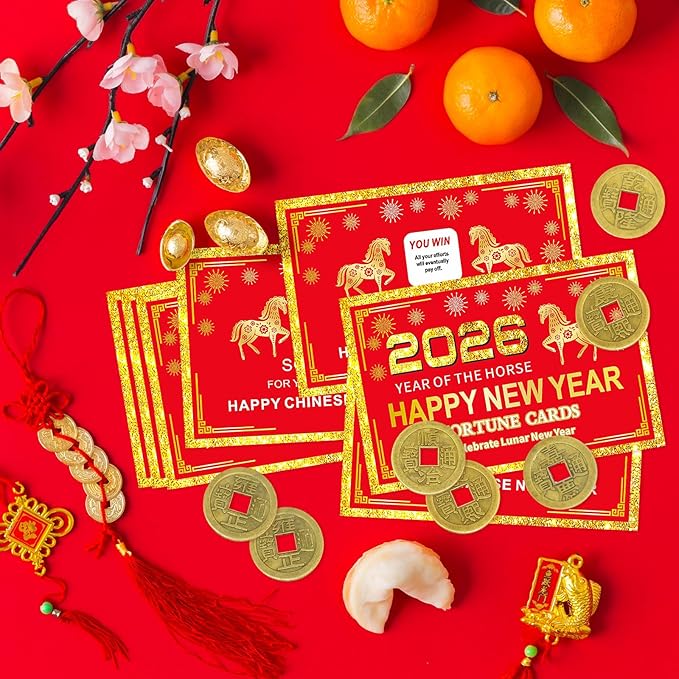 24 Counts Chinese New Year 2026 Horse Theme Scratch Off Fortune Cards with 24 Fortune Coins, Lunar New Year Scratch Game Cards, Spring Festival Party Supplies for Presents Gifts