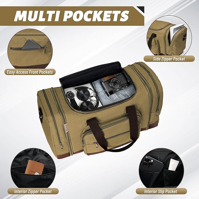Wolhbege Duffle Bag for Travel,Mens Travel Bag & Carry On Bag for Men with Expandable Design and Luggage Sleeve –Duffel Bag for Gym, Weekender,Canvas,Overnight Trips Khaki