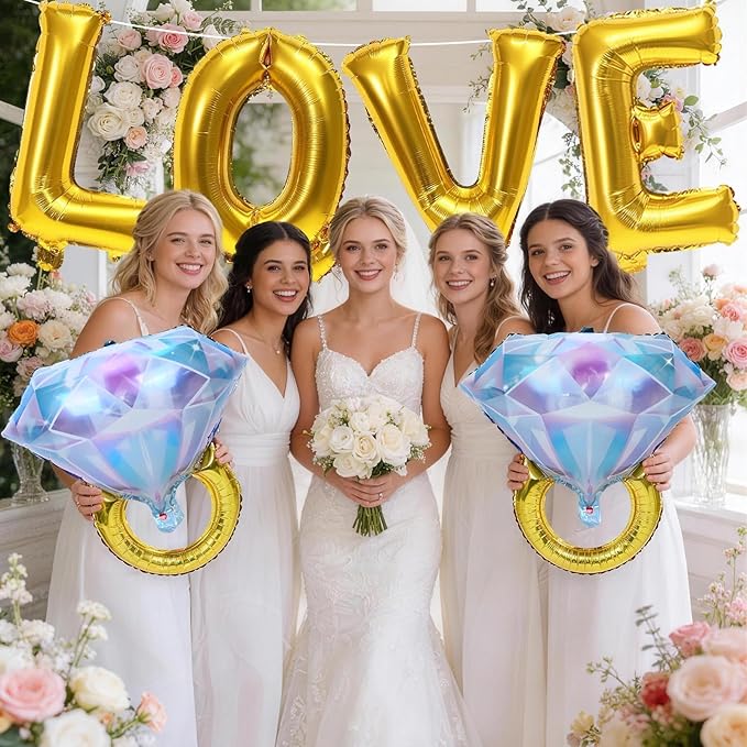 40inch Gold Love Balloons with 2pcs Diamond Ring Foil Balloons, Large Love Letters Engagement Ring Mylar Balloons for Valentines Day Wedding Bridal Shower Anniversary Proposal Marriage Decorations