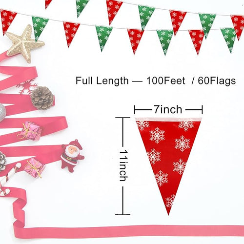 100 Feet Red Green Merry Christmas Pennant Banner Flags String Party Decorations Triangle Hanging Bunting Garland with for Snowflakes Christmas Kids Birthday Outdoor Garden Decor