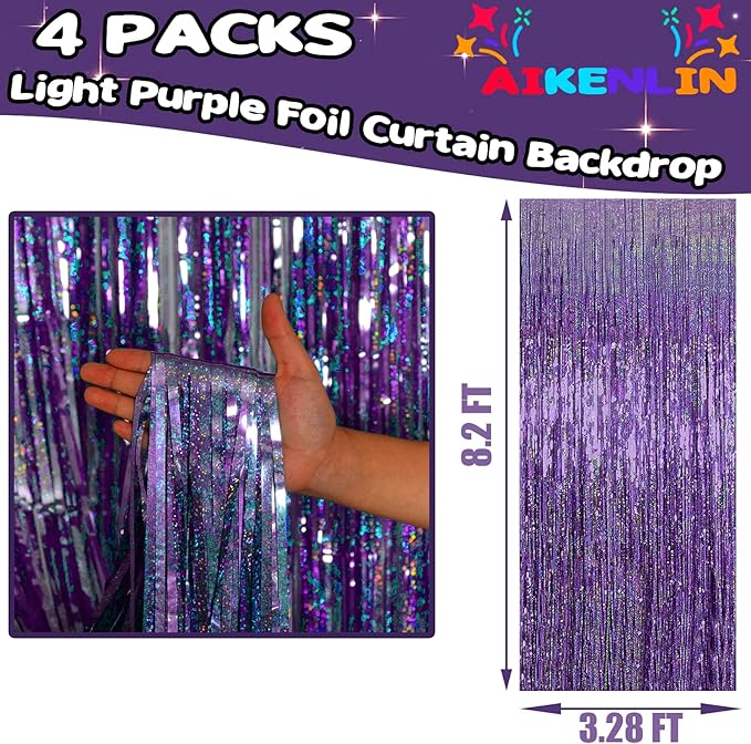 4 Pack 3.2Ft x 8.2Ft Light Purple Foil Fringe Curtain Backdrop, Metallic Tinsel Foil Fringe Streamers Curtains for Photo Booth, Birthday, Wedding, Disco, Halloween, Christmas Party Decoration