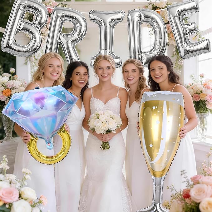 40inch Silver Bride Balloons Bachelorette, Bride To Be Bridal Shower Balloon Diamond Ring Champagne Glass Foil Balloon for Bachelorette Bridal Shower Engagement Wedding Hen Night Room Party Decoration