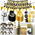 Junkin 124 Pcs New Years Eve Party Supplies 2026 Kit for 18 Guests Include Hats Glasses Blowouts Trumpet Balloons Banners Fringe Curtain Ambient Lights New Years Decorations Party Favors