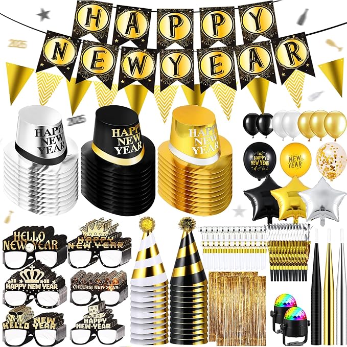 Junkin 124 Pcs New Years Eve Party Supplies 2026 Kit for 18 Guests Include Hats Glasses Blowouts Trumpet Balloons Banners Fringe Curtain Ambient Lights New Years Decorations Party Favors