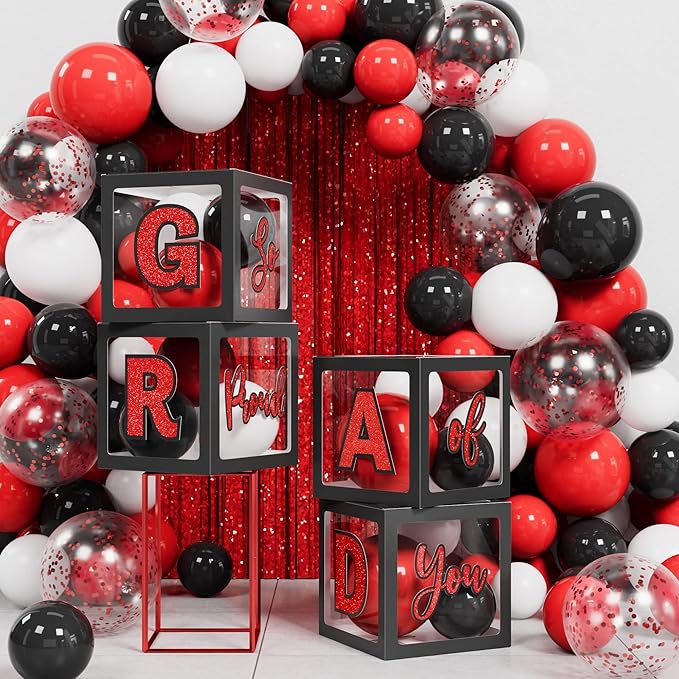Graduation Party Decorations Class of 2026, 86PCS Red & Black Graduation Party Supplies High School College Grad Balloon Boxes with Letter, Foil Curtains, LED String Light, Balloon Garland Kit