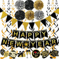 Famoby Happy New Year Banner Pom poms Triangle flag Swirls Garland Hanging Bunting for Happy New Year Party Decorations