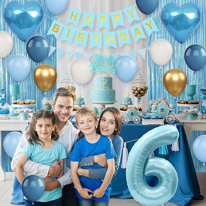 6th Birthday Decorations Blue White Gold, 25pcs Balloons, Banner, Fringe Curtain, Cake Topper, Heart Balloons for Boys Girls 6 Year Old Birthday