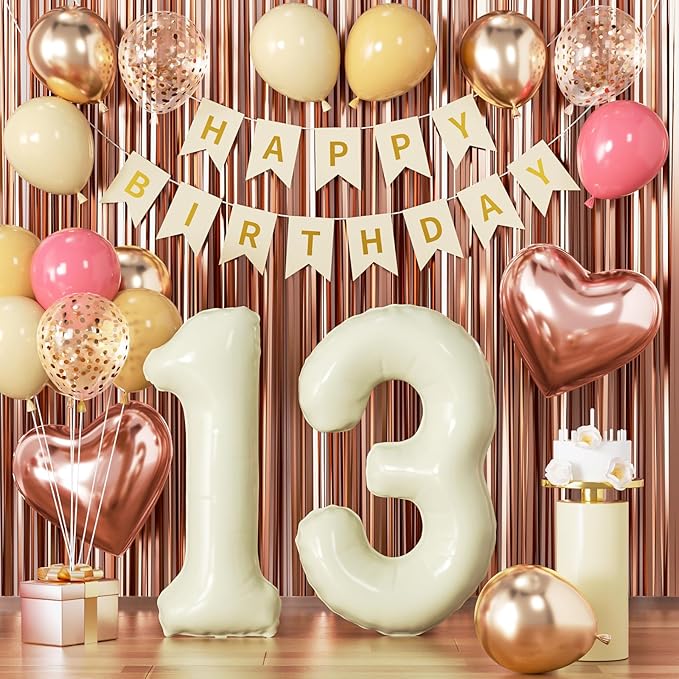 13th Birthday Decorations for Girl, Retro Sand White and Cream Balloon Garland Kit, Cream Number 13 Balloon, Pink Official Teenager Banner, 13 Year Old Party Supplies