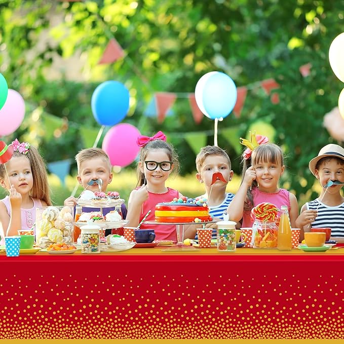 2 Pack Red and Gold Tablecloth Party Decorations Plastic Red Tablecloth Printed Gold Table Runner 54 x108 Inch Disposable Rectangle Table Cover for Birthday Wedding Graduation Anniversary