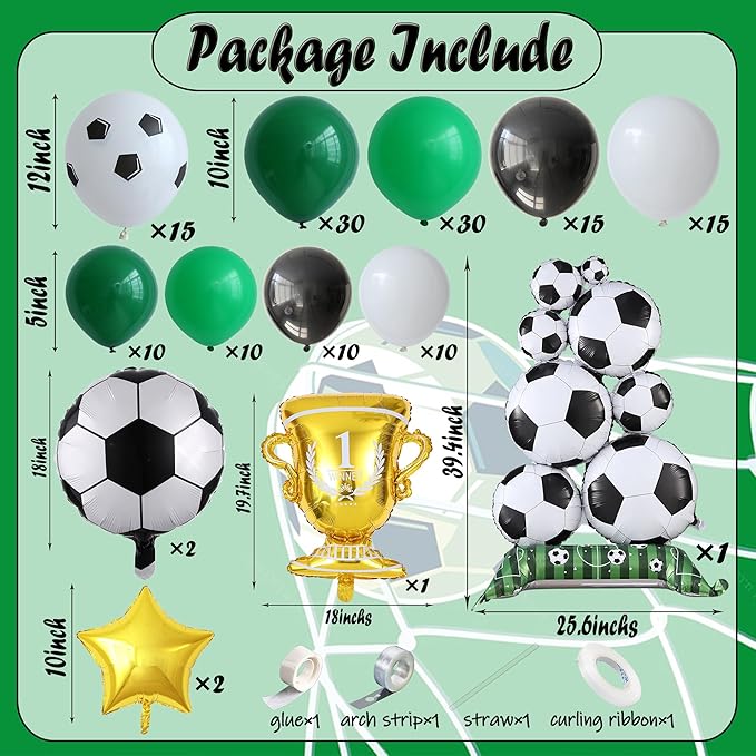 Soccer Party Decorations, 150PCS Soccer Balloons Arch Garland Kit Green White Black Balloons for Boys Soccer Players Sports Theme Birthday Decorations